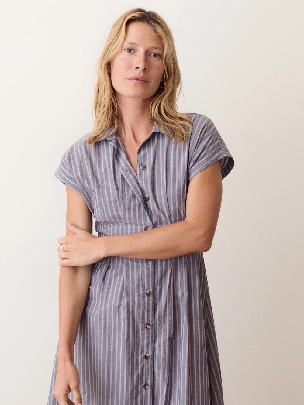 Marine Layer Arden Midi Dress - Extra Small / Navy & Lilac Stripe NWT XS - Picture 4 of 5